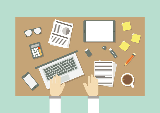 扁平化办公桌上的办公用品设计素材下载指南